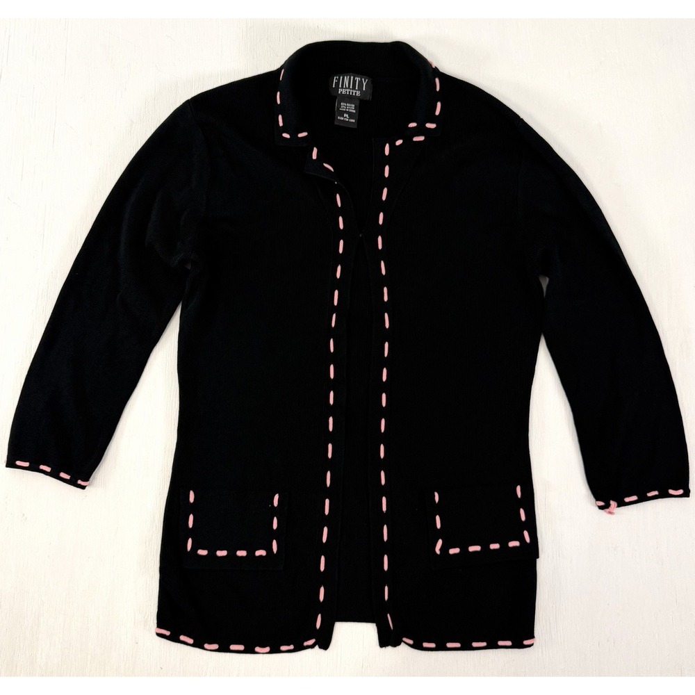 Y2K Finite black pink Trim cardigan sweater size PL 3/4 Sleeve